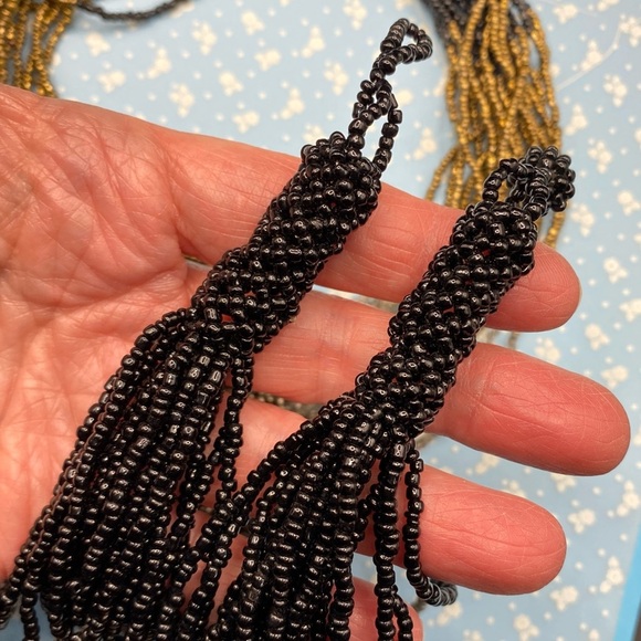 Artisan Multi-Strand Seed Bead Long Necklace Black Silver Copper Colorblock - Picture 6 of 7